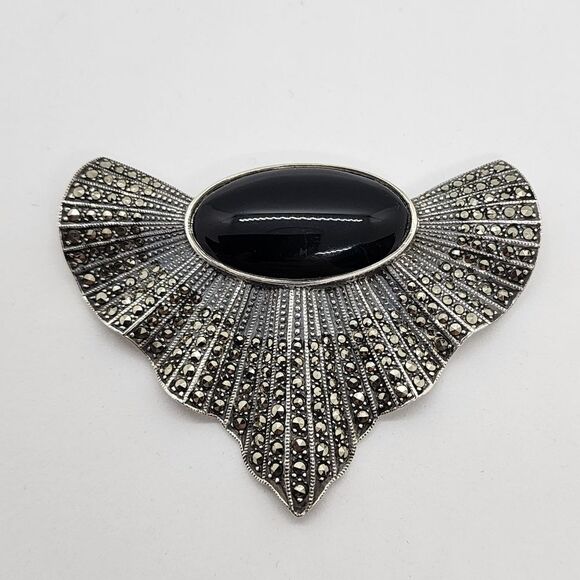 Vintage Judith Jack Art Deco Style Large Black Onyx & Marcasites Sterling Silver - Picture 5 of 10